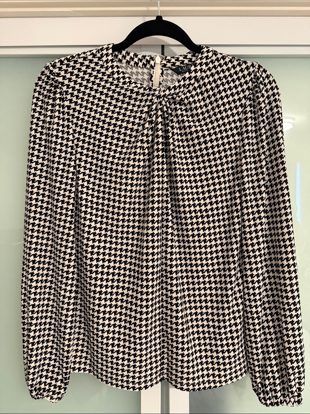 Lauren Ralph Lauren Black and White Houndstooth Long-Sleeve Blouse
